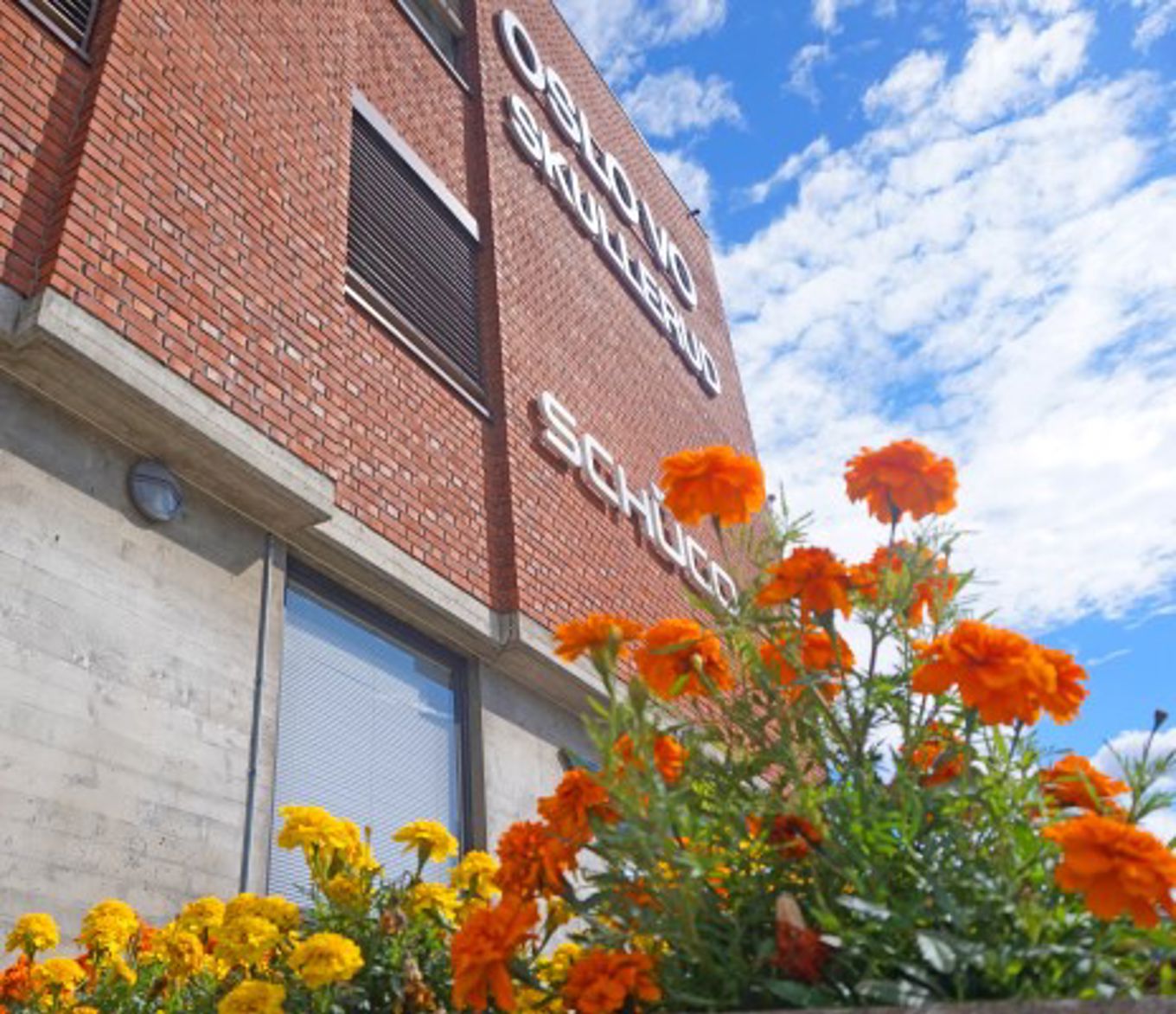 Skolebygg med blomster